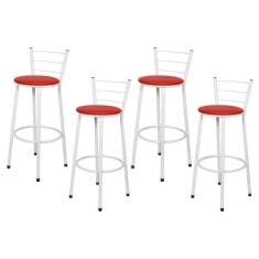 Jogo 4 Banqueta Alta Para Cozinha Branca Epoxi Assento Vermelho - Lama