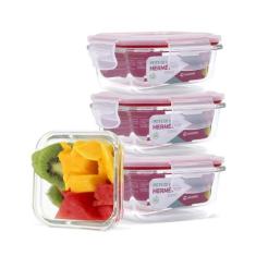 Kit Conjunto 4 Potes Vidro Hermético Tampa Plástico Marmita Mantimento