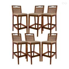 Kit 6 Banquetas para Bancada Alta de Madeira Valência Rattan Castanho 
