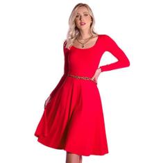 Vestido Vermelho Manga Longa Decote Redondo - Ficalinda