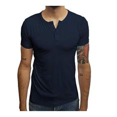 Camiseta Henley Manga Curta tamanho:p;cor:azul-escuro