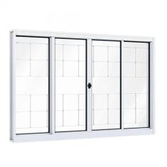 Janela de Aço de Correr 100x200cm 4 Folhas com Grade e Vidro Liso Riobras Branco