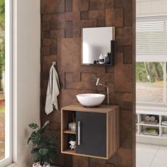 Conjunto para Banheiro Gabinete com Cuba Redonda R30 e Espelheira Soft 500W Nogal C/Preto Ônix