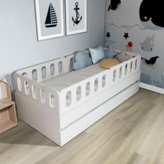 Bicama Solteiro Mdf BP Branco com 04 Grades e Cabeceira Megamobilia