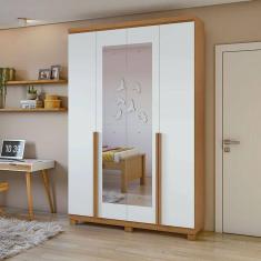 Guarda Roupa Solteiro Ambiente Alonzo 4 Portas Amêndoa Clean Branco Com Espelho E Pés - Lopas