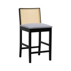 Banqueta Média Pérola com 62cm Altura Madeira Maciça Encosto Telinha Assento Estofado Linho Preto/Cinza