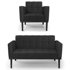Sofá Namoradeira E 1 Poltrona Base Madeira Preto Ana Sintético Preto - Ibiza