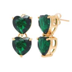 Brinco Com Pedra Fusion Coração Verde Folheado A Ouro 18K
