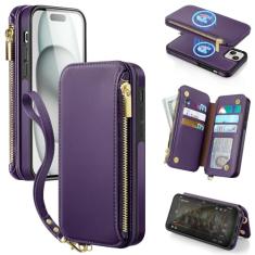 Antsturdy Capa carteira destacável 2 em 1 para iPhone 15 com Magsafe, bloqueio de RFID, carregador magnético, sem fio, capa de telefone de couro PU, capa flip com suporte para cartão, alça de pulso