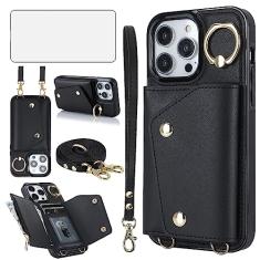 Capa de telefone para iPhone 15 Pro 6,1 polegadas capa carteira com protetor de tela e suporte de anel slot para cartão de crédito alça transversal celular iPhone15Pro 5G i i-Phone i15 iPhone15 15Pro