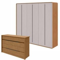 Conjunto de Guarda-Roupa Casal Loop 6 Portas e Cômoda 8 Gavetas Urban Amêndoa Clean/Off White