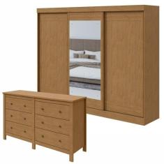 Conjunto de Guarda-Roupa 3 Portas 4 Gavetas Nice com Espelho e Cômoda 6 Gavetas Maggiore New Amêndoa Clean/Off White