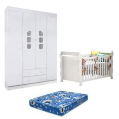 Berço Americano Lara e Guarda Roupa Lívia Branco Brilho com Colchão  P