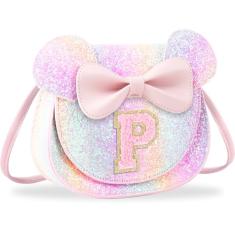 Presentes de aniversário para meninas de 2, 3, 4, 5, 6, 7, 8, 9 e 10 anos de idade, bolsa infantil infantil para meninas pequenas com laço de orelha de rato personalizado, Letra rosa com purpurina