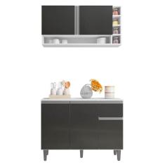 Balcão Gabinete de Cozinha e Armário Aéreo Vanessa Branco Cinza Escuro