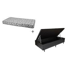 Cama Box Baú Solteiro 88 - Tecido Sintético Preto Com Colchão Nápoles Bello Box - 100% Espuma - D33 Branco 55x88x188