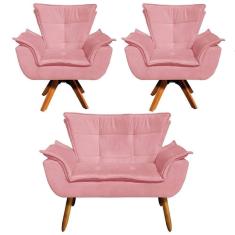 Kit Namoradeira E 2 Poltronas Base Giratória Madeira Opla Suede Rose - Ibiza
