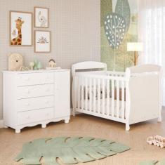 Quarto de Bebê Completo Berço Americano Marquesa 3 em 1 Cômoda 1 Porta