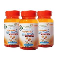 Kit 3 Vitamina C + D3 + Zinco (Tripla Ação) 60 Cápsulas 650mg - Nathur