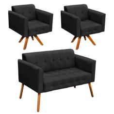 Kit 01 Namoradeira e 02 Poltronas Giratória Elisa Suede Base Madeira M