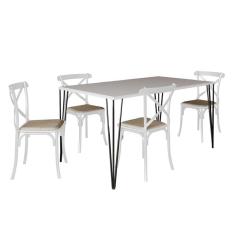 Conjunto De Mesa Elen Retangular Tampo De Madeira 140X80Cm Branco Com 4 Cadeiras Katrina Branca