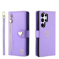Capa de couro carteira com zíper para Samsung Galaxy S23 S24 Ultra S22 Plus S21 FE A04 A14 A24 A34 A54 A05S A15 Capa de bolsa, roxa, para Galaxy A15