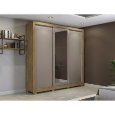 Guarda-roupa 3 Portas de Correr e 2 Gavetas com Pés e Espelho Nogueira/Cinza