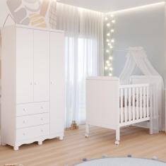 Quarto de Bebê Completo Berço Americano Cloe 2 em 1 Guarda Roupas 3 Portas 3 Gavetas Junior 100% MDF