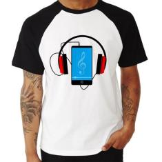 Camiseta Raglan Headphone Smartphone - Foca na Moda, Branco, Preto, G