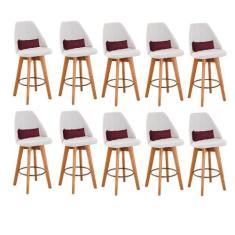 Kit 10 Banquetas Alta Maya Giratória Com Encosto Linho Bege Claro e Al