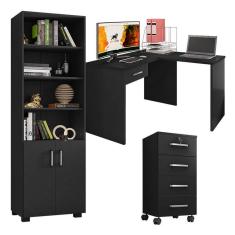 Mesa para computador com Gaveta e Extensora e Gaveteiro Gávea com Chave e Livreiro Office Portas Pequenas Preto Fosco - Móveis Leão