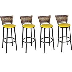 Kit 4 Banquetas Altas Preta com Encosto Junco Capuccino Assento Amarelo
