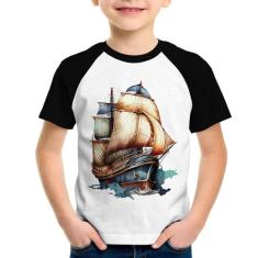 Camiseta Raglan Infantil Navio Vintage - Foca na Moda, Branco, Preto, 