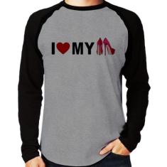 Camiseta Raglan I Love My Shoes Manga Longa - Foca na Moda, Cinza, Pre