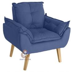 Poltrona Decorativa Glamour Com Puff Suede Veludo Fibra Siliconada Azul SMF Decor
