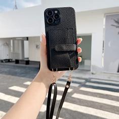 Carteira de bolso de cartão crossbody para iPhone 11 12 13 14 Pro Max X XR XS Max 7 8 Plus Alça de Couro Capa Traseira, Preto, Para iPhone11 Pro