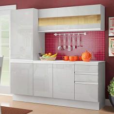 Cozinha Compacta 100% Mdf Madesa Smart 170 cm Modulada Com Armário, Balcão e Tampo - Frentes Branco Brilho