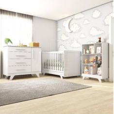 Quarto de Bebê com Berço Mini Cama Cômoda e Estante 5 Nichos Kakau Retrô Espresso Móveis Branco