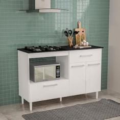 Balcão para Cooktop de 4 Bocas Politorno Cidra com Nicho para Micro-ondas, 3 Portas e 1 Gaveta - Branco/Preto