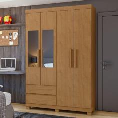 Guarda-roupa 4 Portas 2 Gavetas Zeus com Espelho e com Pés Amêndoa Clean