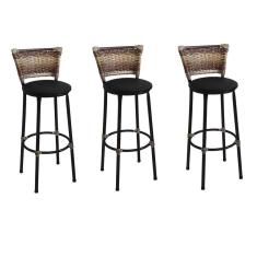 Kit 3 Banquetas Médias Preta com Encosto Junco Capuccino Assento Preto