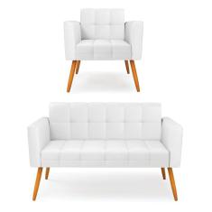 Kit 1 Sofá Namoradeira e 1 Poltrona Elisa Corino Branco Pés Palito Castanho - D`Rossi