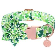 DOGWONG Coleira de cachorro do Dia de São Patrício - Coleira de cachorro com trevos fofos com flor, coleiras de algodão com fivela de metal para cães pequenos, médios e grandes