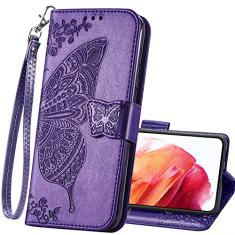 Capa carteira para Samsung Galaxy S22 Ultra, carteira de couro PU, capa protetora para celular, alça de pulso, compartimentos para cartões, bolso em relevo, borboleta, flor, suporte, capa para Samsung