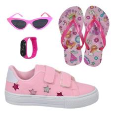 Tênis Infantil Feminino Estrela Detalhe Bordado Estiloso + Chinelo + Ó