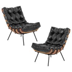 Kit 2 Poltrona Decorativa Sala de Estar Costela Couro Preto - Gran Belo