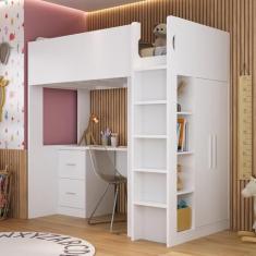 Cama Alta Infantil/juvenil com Escrivaninha, Armário e Nichos Casatema Branco