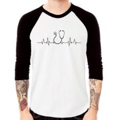 Camiseta Raglan Batimentos Cardíacos Estetoscópio Medicina Manga 3/4 -