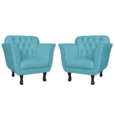 Combo 02 Poltronas Decorativas Helena Pés Luís XV Suede Azul Turquesa 