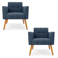 Kit 2 Poltronas Elisa Suede Azul Marinho Pés Palito Castanho D03 - D'Rossi